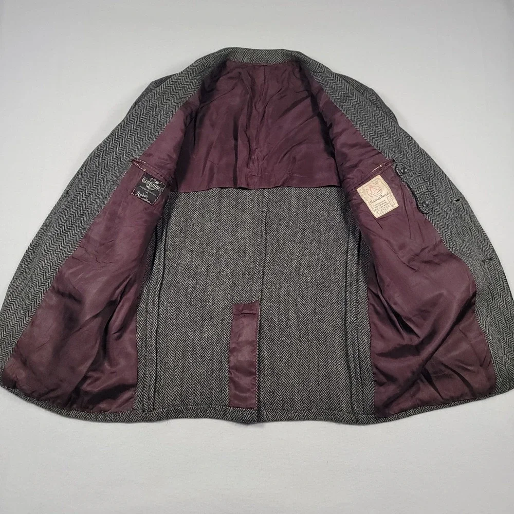 Harris Tweed Herringbone Sport Coat Blazer Mens Gray Wool Handwoven Vintage